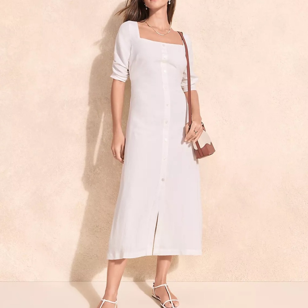 LOFT Cream White Button Front Midi Dress women’s size 12 short sleeve ruched